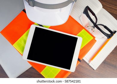 Working Table Engineer With Tablet And Tools In Oil Refinery Industry Business Plant