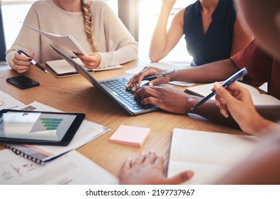 Working Team Collaboration, Meeting Office Laptop Technology At Table And Data Analysis Swot. Small Business Success Graphs, Paperwork Strategy Documents And Schedule Company Agenda And Post It