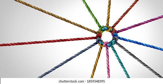 Working team unity and teamwork concept as a business metaphor for joining a partnership as diverse ropes connected together as a corporate symbol for cooperation and worker collaboration.