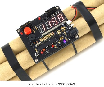 Working time bomb with a working electronic clockwork isolated on white diagonal view close up