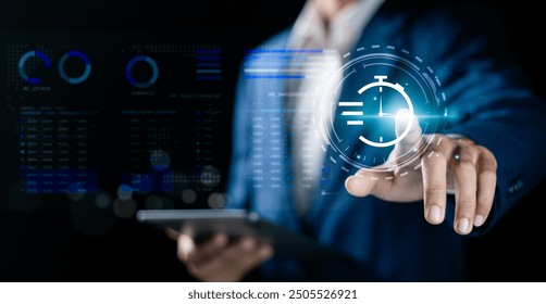 Working time management, reduce time to work in process, Business planning, workflow planning and scheduling. Businessman touch to icon of time management with company profit growth graph background.