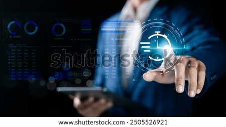 Working time management, reduce time to work in process, Business planning, workflow planning and scheduling. Businessman touch to icon of time management with company profit growth graph background.