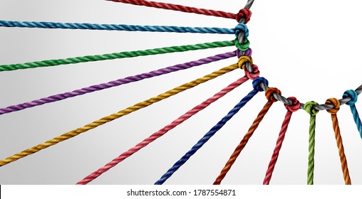 Working together concept and unity or teamwork as a business metaphor for joining a partnership as diverse ropes connected together as a work symbol for cooperation and collaboration.