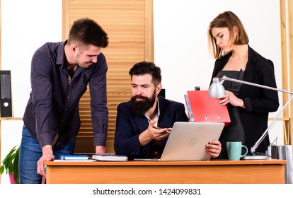 Working Together. Working Process. Business Meeting. Female Small Minority. Woman Attractive Lady Working With Men Colleagues. Office Collective Concept. Coworkers Communicate Solving Business Tasks.