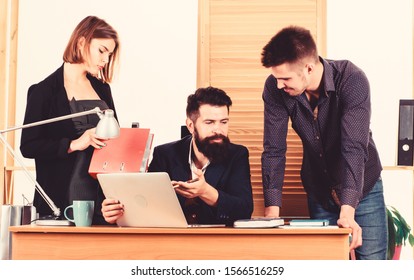 Working Together. Working Process. Business Meeting. Female Small Minority. Woman Attractive Lady Working With Men Colleagues. Office Collective Concept. Coworkers Communicate Solving Business Tasks.