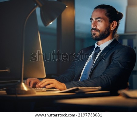 Working, typing and computer research of a seo and cryptocurrency technology developer working late. Web development of a fintech software worker planning iot and erp digital transformation at night
