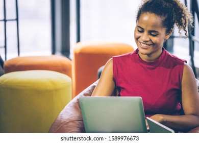 Working Woman Sitting On Sofa In Living Room Office Co Working Place  Typing Laptop Computer