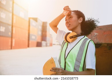 Working Woman Worker Work Hard. Black Girl Staff Tired Work In Container Port. Teen Lady Working In Danger Area. Young Employee Labor.