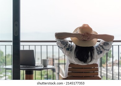 Work-Life Balance, Life Quality, Work From Home And Travel Concept With Business Woman Relaxing, Take It Easy, Resting In  Hotel Resort, Condominium, Or Apartment Luxury Living Room With Notebook