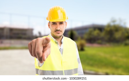 Workman Or Constructor Pointing Finger At Camera With Mad Attitude As Blame Concept Outdoors