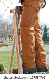 A Workman On A Ladder In Early Winter, Putting Up Christmas Lights