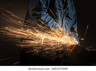  Workman using power tool with hot metal sparks 