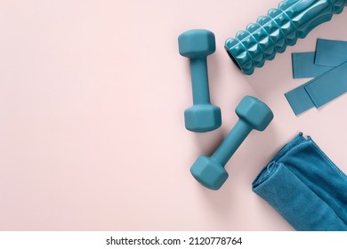 Workout equipment for training at home top view. Fitness, workout items, healthy lifestyle concept.  - Shutterstock ID 2120778764
