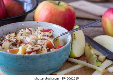 Workout Meal With Low Fat Cottage Cheese And Hazelnuts Served With Linseed And Apples In A Bowl