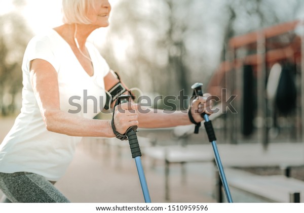 Workout Walking Poles Vigorous Aged Sporty Royalty Free Stock Image