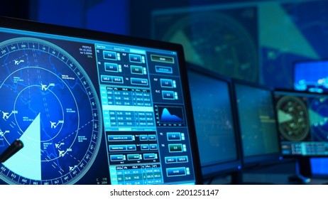 Workplace of the air traffic controllers in the control tower. Team of professional aircraft control officers works using radar, computer navigation and digital maps. Aviation concept. - Shutterstock ID 2201251147