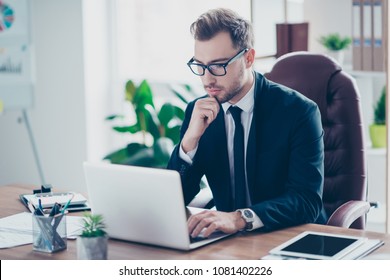 Workplace Attorney Success Collar Executive Notary Broker Lawyer People Corporate Concept. Concentrated Serious Handsome Pensive Smart Clever Broker Realtor Recruiter Using Netbook At Work