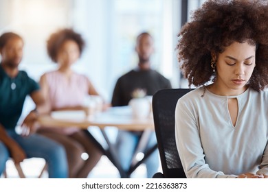 Workplace bullying, anxiety and gossip of businesswoman with depression, mental health and sad victim exclusion by employees in company office. Lonely, depressed and harassment worker discrimination