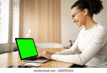 Workplace Laptop Open Green Screen Woman Working In Office