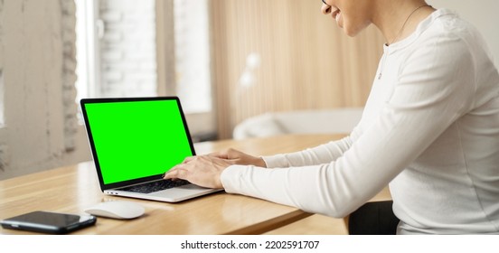 Workplace Laptop Open Green Screen Woman Working In Office