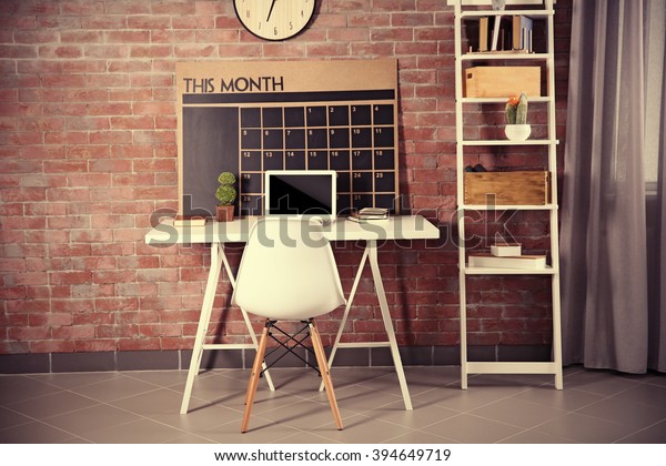 Workplace Laptop Table Calendar Board On Objects Interiors