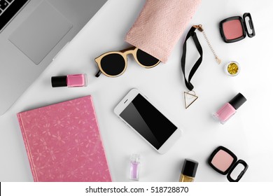 Workplace With Laptop And Women Accessories, Top View