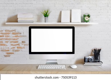 Workplace mockup concept. Mock up modern home decor desktop computer with vintage books, houseplant. Artist workspace with copy space for products display montage.Mockup desktop. - Shutterstock ID 750539113