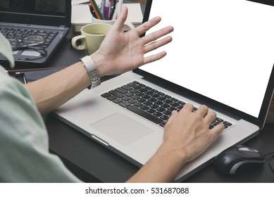workplace with modern computer white screen and book, glasses, coffee cup on desk office.