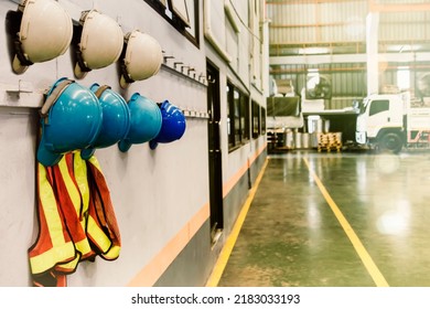 Workplace Of Nobogy Industrial Sheet Metal Fabrication Factory, Helmets And Life Jackets Of Supervisors And Employees Hanging In Front Of The Shop In The Factory Office For Safety Reasons.