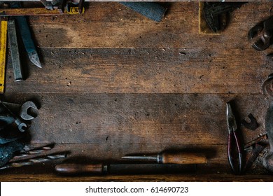 Workplace With Old Tools. Wood Workbench With Copy Space For Your Text