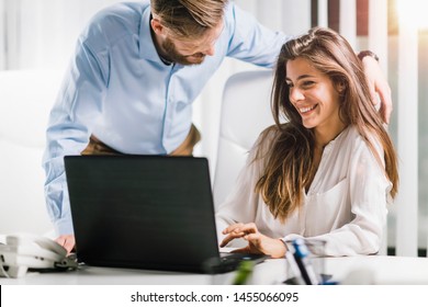 Workplace Relationship Romance. Young Couple In Love, Working Together