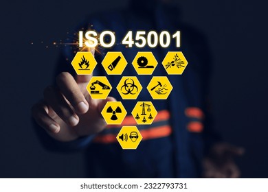Workplace safety officers point to the ISO 45001 safety standard for workplace safety such as methods, people, machines, materials and the environment. Safety work concept