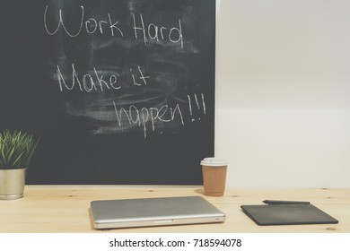 Workplace, study room with table and written blackboard, concept to success.