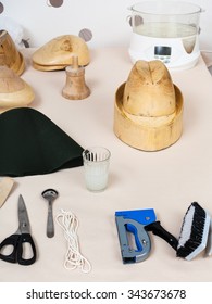 Workshop For Alpine Felt Hat Making - Tools And Equipment For Hatmaking On Table