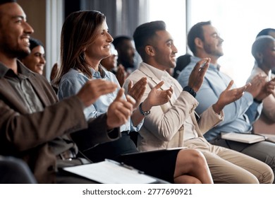 Workshop, audience and applause with team for presentation, success and support for training session. Seminar, event and people with smile for speech, clapping and celebration for meeting achievement
