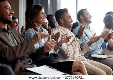 Workshop, audience and applause with team for presentation, success and support for training session. Seminar, event and people with smile for speech, clapping and celebration for meeting achievement