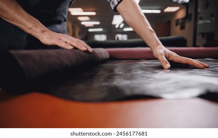 Workshop background tailor shoes maker from skin.Banner shoemaker industry business, Natural leather brown color with tools.