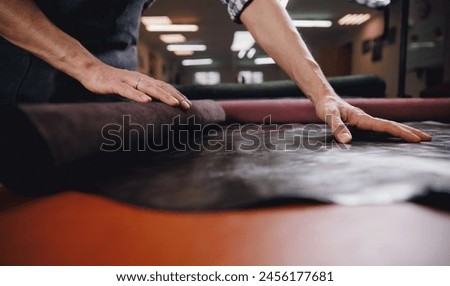 Workshop background tailor shoes maker from skin.Banner shoemaker industry business, Natural leather brown color with tools.