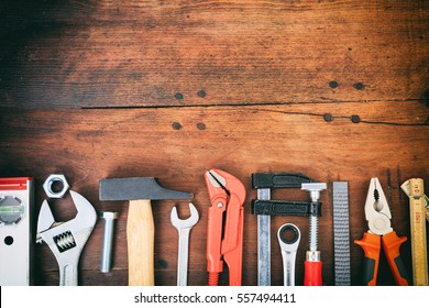 Workshop Bench. Variety Of Hand Tools On A Wooden Table, Top View, Copy Space