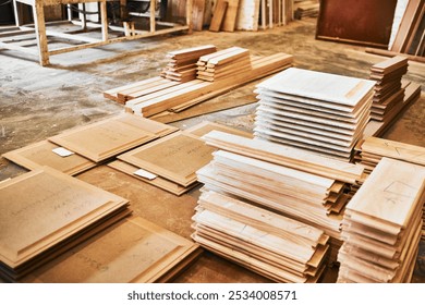 Workshop, factory and pile of wood for carpentry or furniture and crafting for manufacturing. Material, production and equipment at small business for supply chain, woodwork and lumber for trading - Powered by Shutterstock