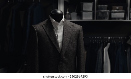 Workshop of luxury tailoring atelier banner. Custom made high quality tailored fashion suit by designer on mannequin, dark background. - Powered by Shutterstock