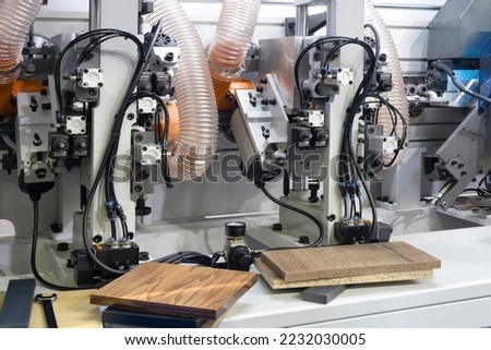 Workshop for the production of particle boards,  manufacture of chipboard, veneer, plywood, wood panels. Wood processing. Woodworking industry concept Stock foto © 