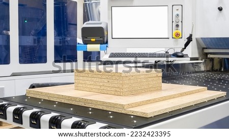 Workshop for the production of particle boards,  manufacture of chipboard, veneer, plywood, wood panels. Wood processing. Woodworking industry concept Stock foto © 