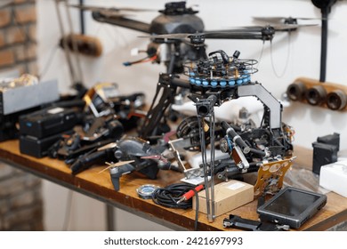 Workshop and repair production quadrocopter drones with parts stuff.