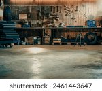 Workshop scene. Old tools hanging on wall in workshop, Tool shelf against a table and wall, vintage garage style