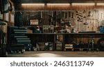 Workshop scene. Old tools hanging on wall in workshop, Tool shelf against a table and wall, vintage garage style