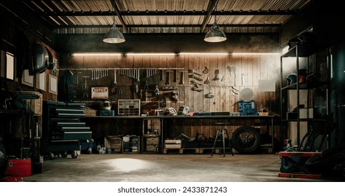Workshop scene. Old tools hanging on wall in workshop, Tool shel - Powered by Shutterstock