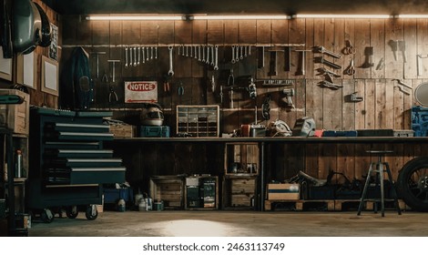 Workshop scene. Old tools hanging on wall in workshop, Tool shelf against a table and wall, vintage garage style - Powered by Shutterstock