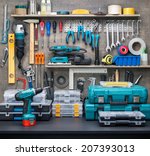 Workshop scene.  Tools on the table and board.