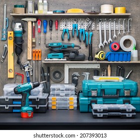 Workshop scene.  Tools on the table and board. - Shutterstock ID 207393013